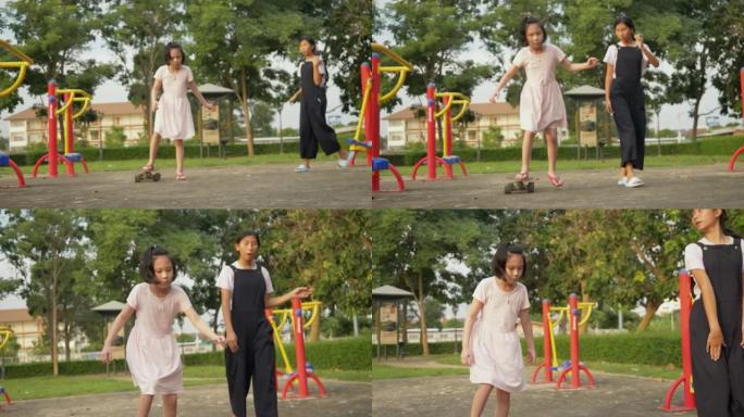 亚洲女孩在公园户外学习玩滑板，生活方式理念。
