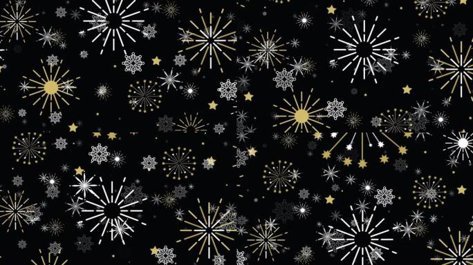 黑色背景上白色圣诞雪花、金色星星和新年烟花的动画