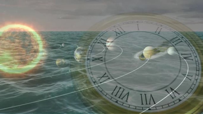 太阳系，行星和太空在海上和时钟滴答作响的动画