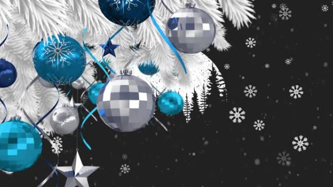 黑色背景上飘落的带有小玩意和装饰品的圣诞树动画