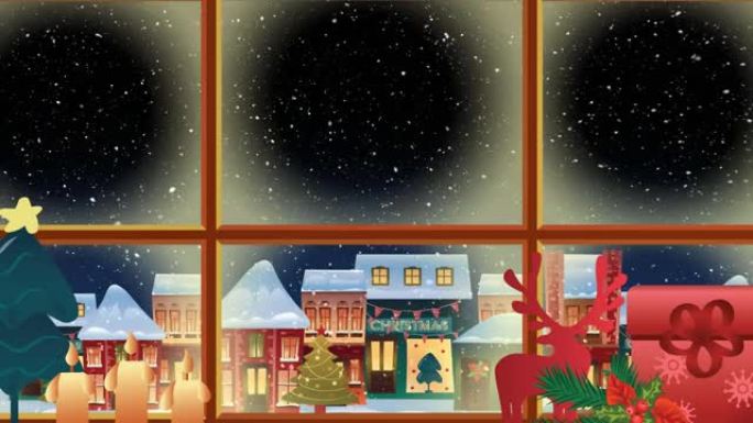 圣诞节装饰品，窗户和冬季景观上飘着雪的动画
