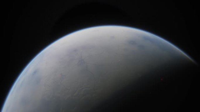 冰覆盖了另一个太阳系的系外行星。太空飞船在高山外星星球的大气层上空低空飞行