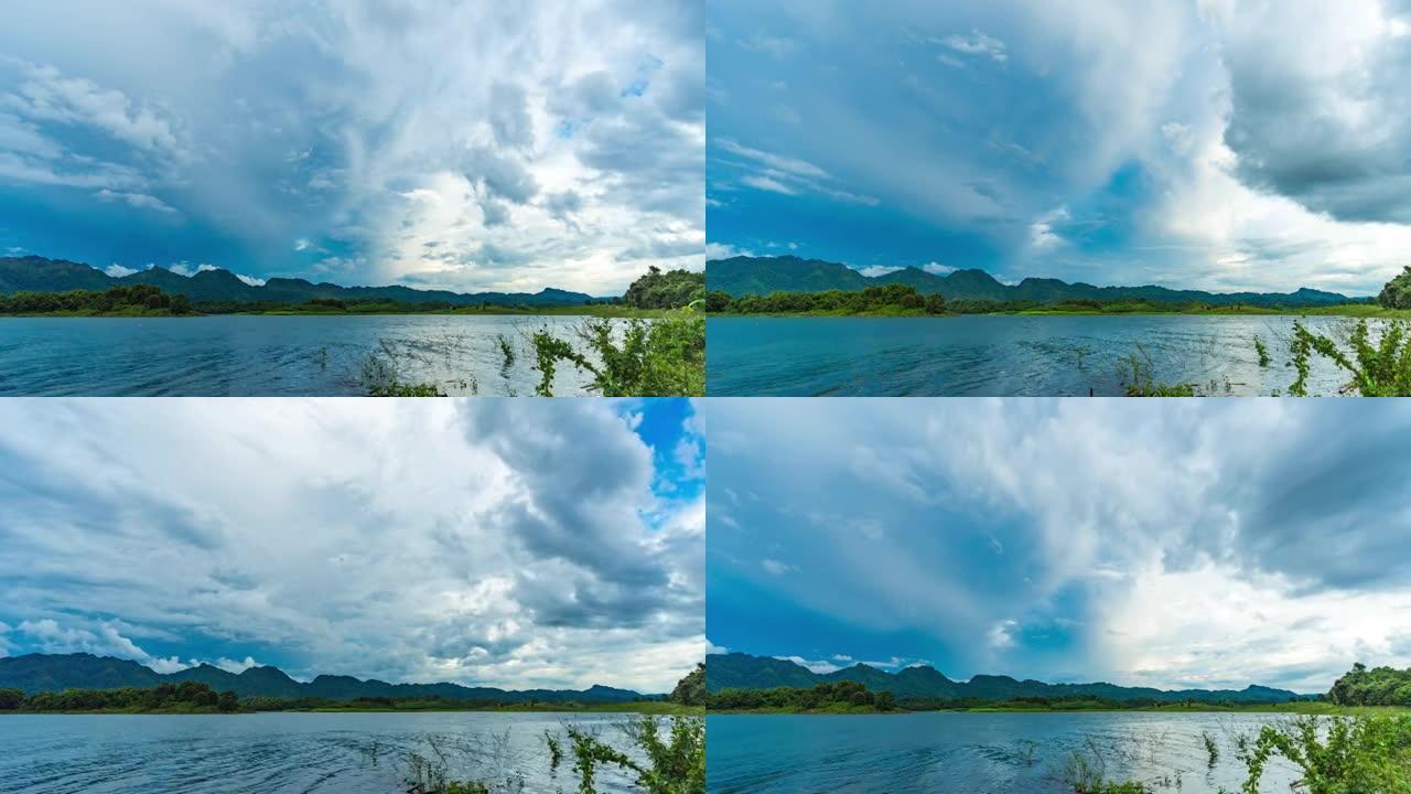 蓝天和云移动的湖泊的低角度视图，Timelaspe视频