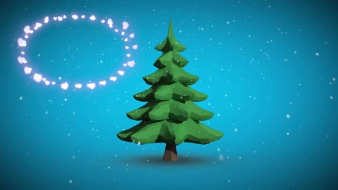 蓝色背景上的圣诞树图标上飘落的雪花装饰闪亮的灯光
