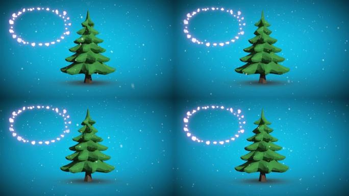 蓝色背景上的圣诞树图标上飘落的雪花装饰闪亮的灯光