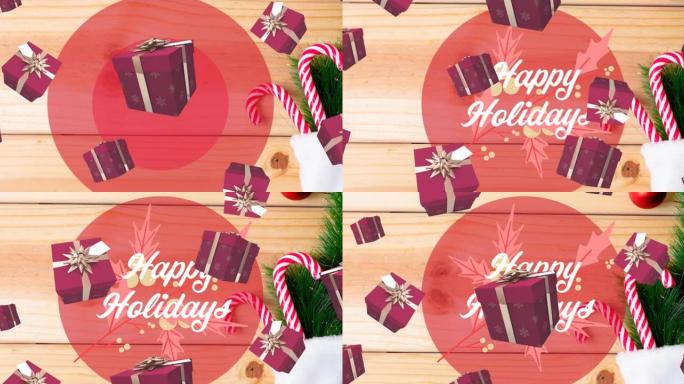 节日快乐的动画在桌子上的礼物坠落和圣诞节装饰上