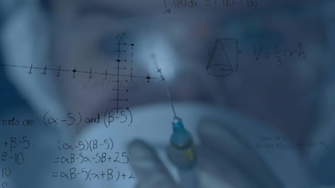 手持注射器的女性科学家的数学方程式动画