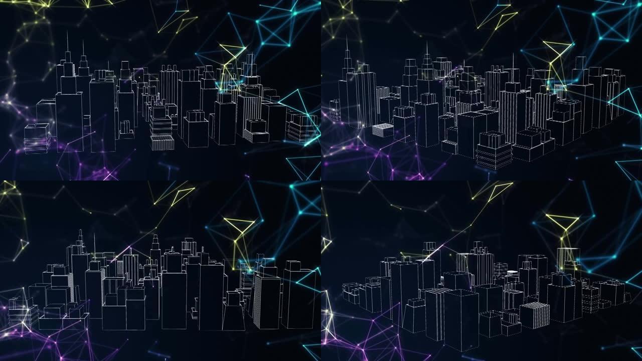 3d城市景观绘图上的连接网络动画