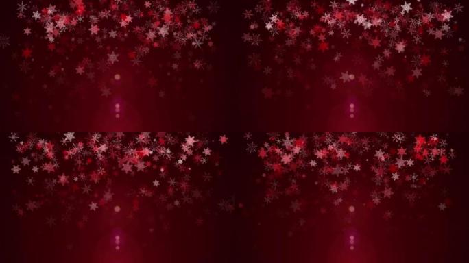 黑暗背景上的4k红色五彩纸屑雪花。神奇的新年快乐纹理。3D渲染视频圣诞快乐背景