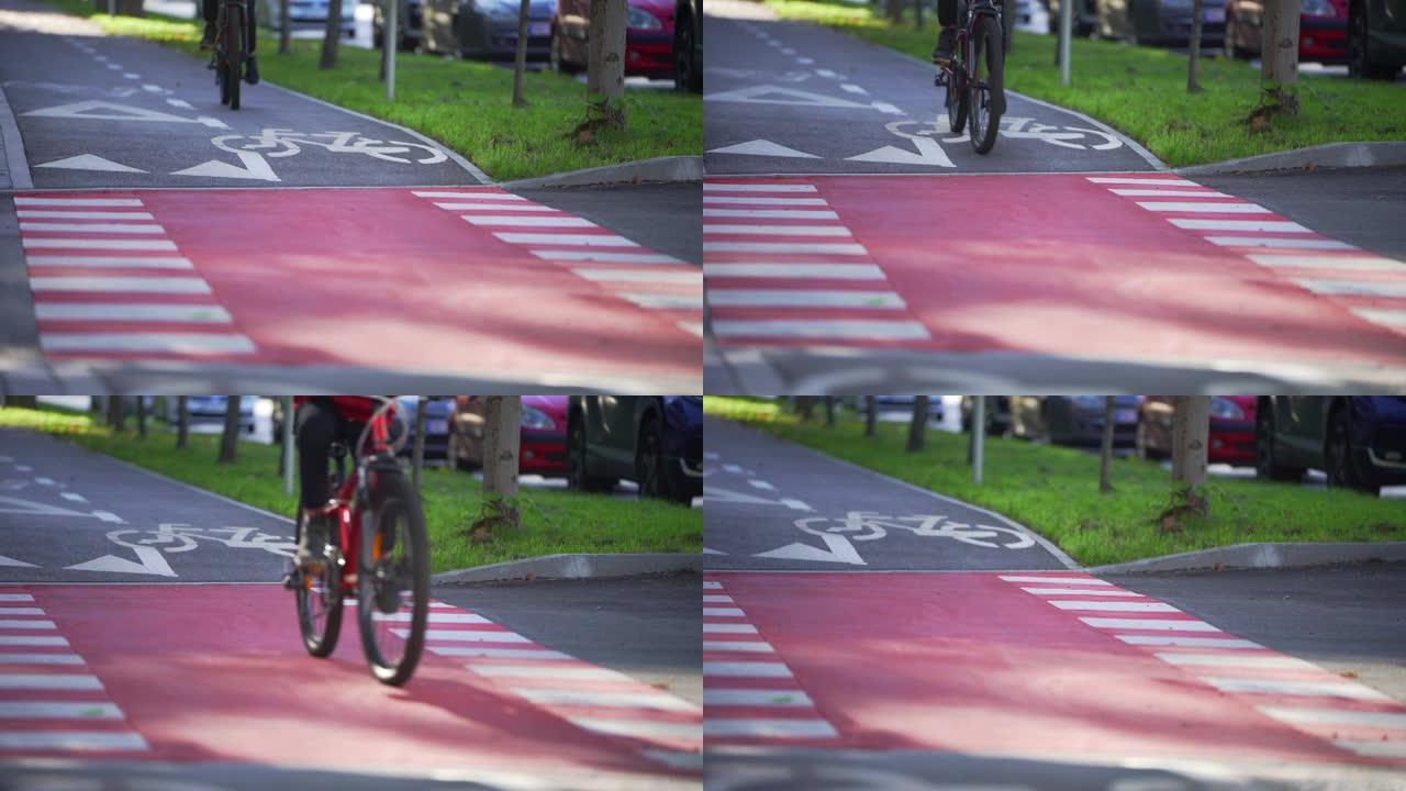 一个骑着红色自行车的男孩沿着自行车道骑行。骑自行车。自行车标志。