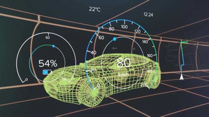 车辆接口上的速度计，gps和充电状态数据的动画，通过3d汽车模型