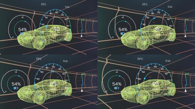 车辆接口上的速度计，gps和充电状态数据的动画，通过3d汽车模型