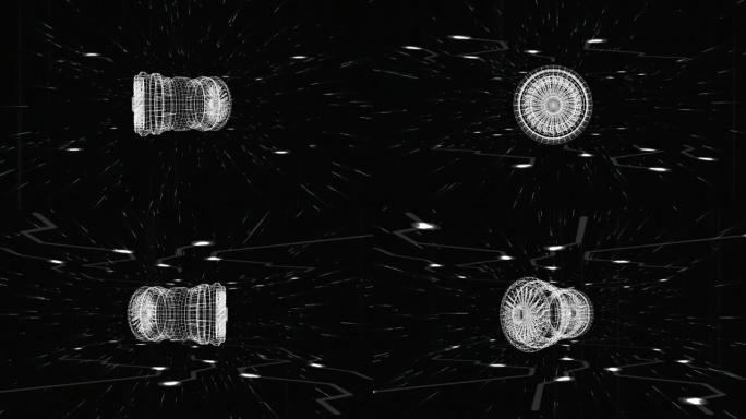 黑色背景白光下喷气发动机3d技术图动画