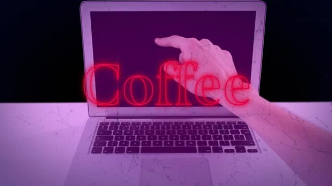 红色的咖啡文本动画和指向笔记本电脑屏幕的网络