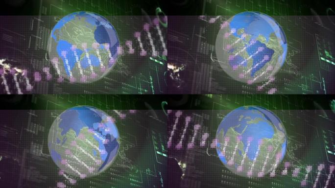 dna链在地球仪上旋转的动画和屏幕上的数据处理