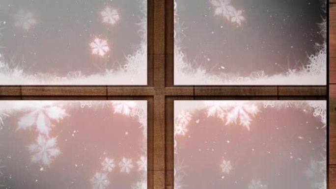 红色背景下漂浮的雪花上的圣诞树和木制窗框