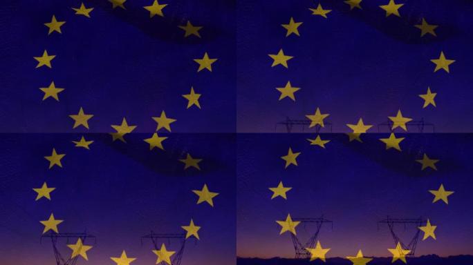 日落时在野外的电塔上悬挂欧盟国旗的动画