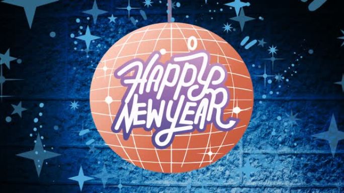 紫色和白色的新年快乐动画，蓝色星星上的橙色迪斯科舞会