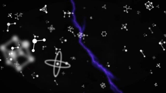 黑色背景上白色分子结构上发光的紫色电流的动画