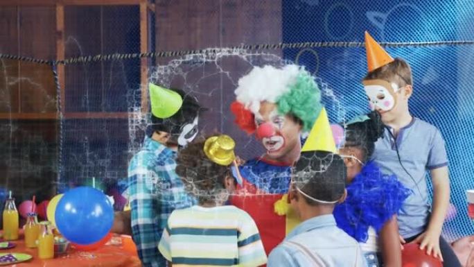 在生日聚会上，数字大脑在不同的孩子和小丑上的动画