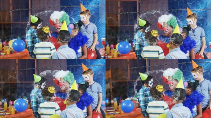 在生日聚会上，数字大脑在不同的孩子和小丑上的动画