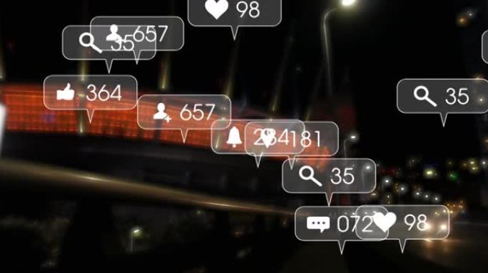 夜间道路交通和城市的社交媒体图标和数字动画