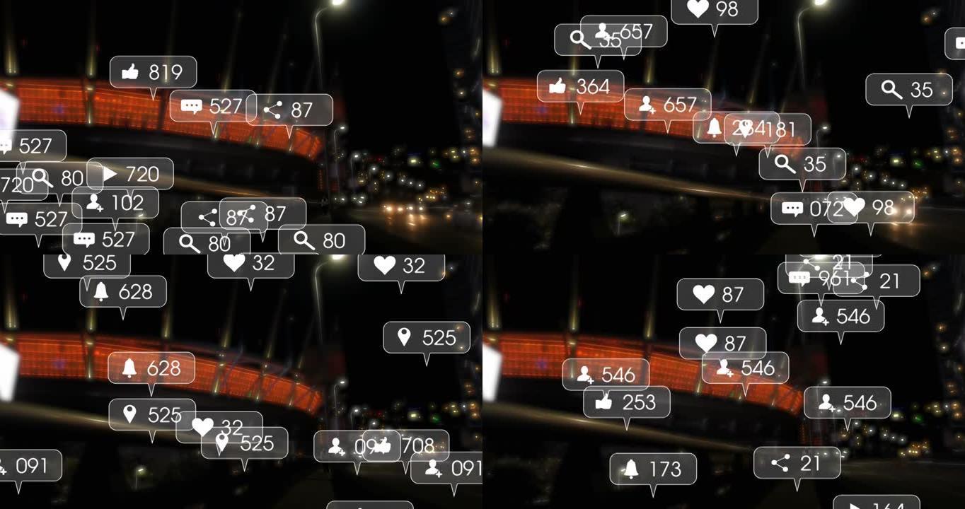 夜间道路交通和城市的社交媒体图标和数字动画