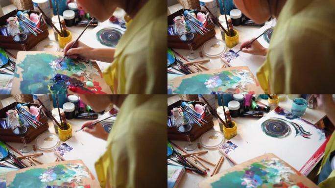 一位富有创造力的女艺术家的B卷，享受她的业余爱好的每一分钟，在家中的画布油画