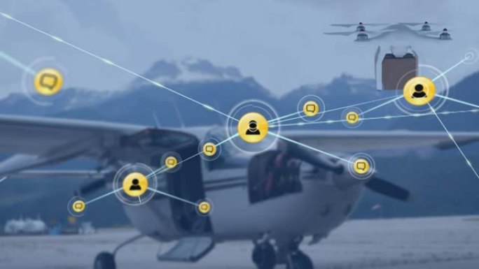 背景中带有无人机携带箱和飞机上图标的连接网络动画