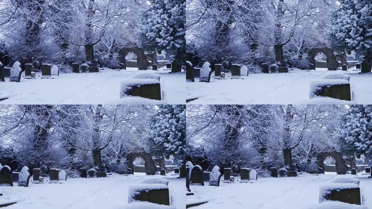 冬天下雪的教堂墓地
