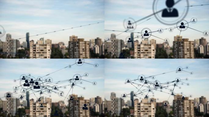 城市景观上与人的图标连接网络的动画