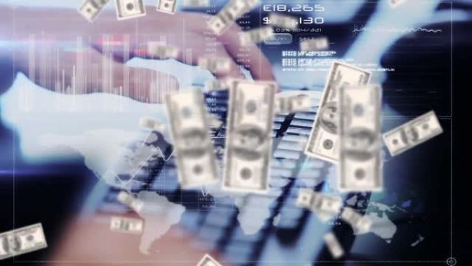 美国美元钞票掉落的动画数据处理和女人在键盘上打字