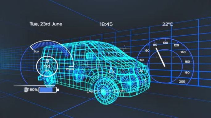 3d货车模型上的车辆接口上的速度计，gps和充电状态数据的动画