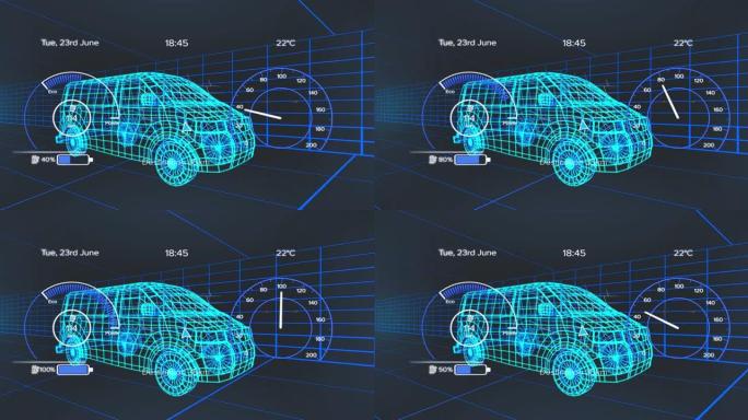 3d货车模型上的车辆接口上的速度计，gps和充电状态数据的动画