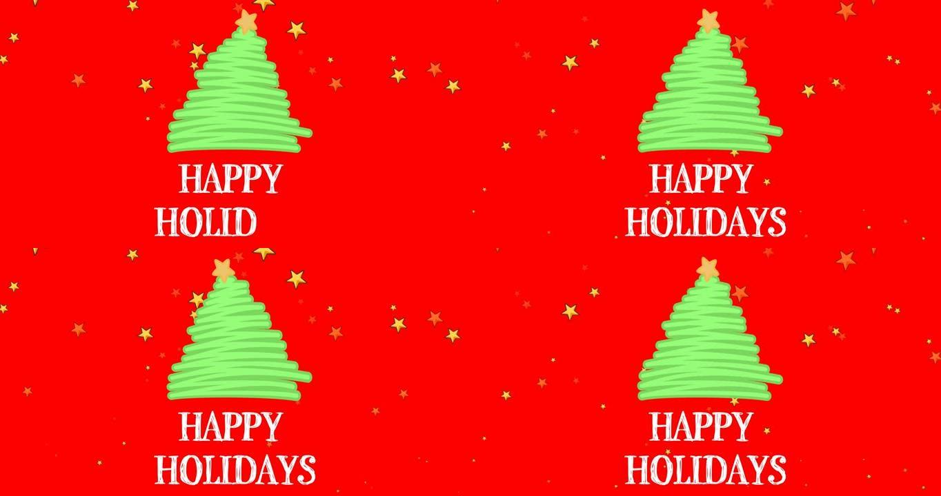 红色背景上有弯曲圣诞树和金星的节日快乐文本动画