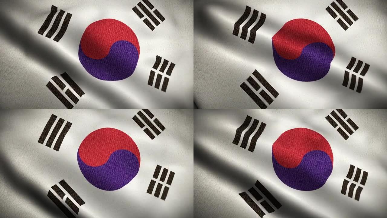 韩国动画库存视频国旗-韩国国旗在循环和纹理3d渲染背景-高度详细的织物图案和循环-大韩民国国旗