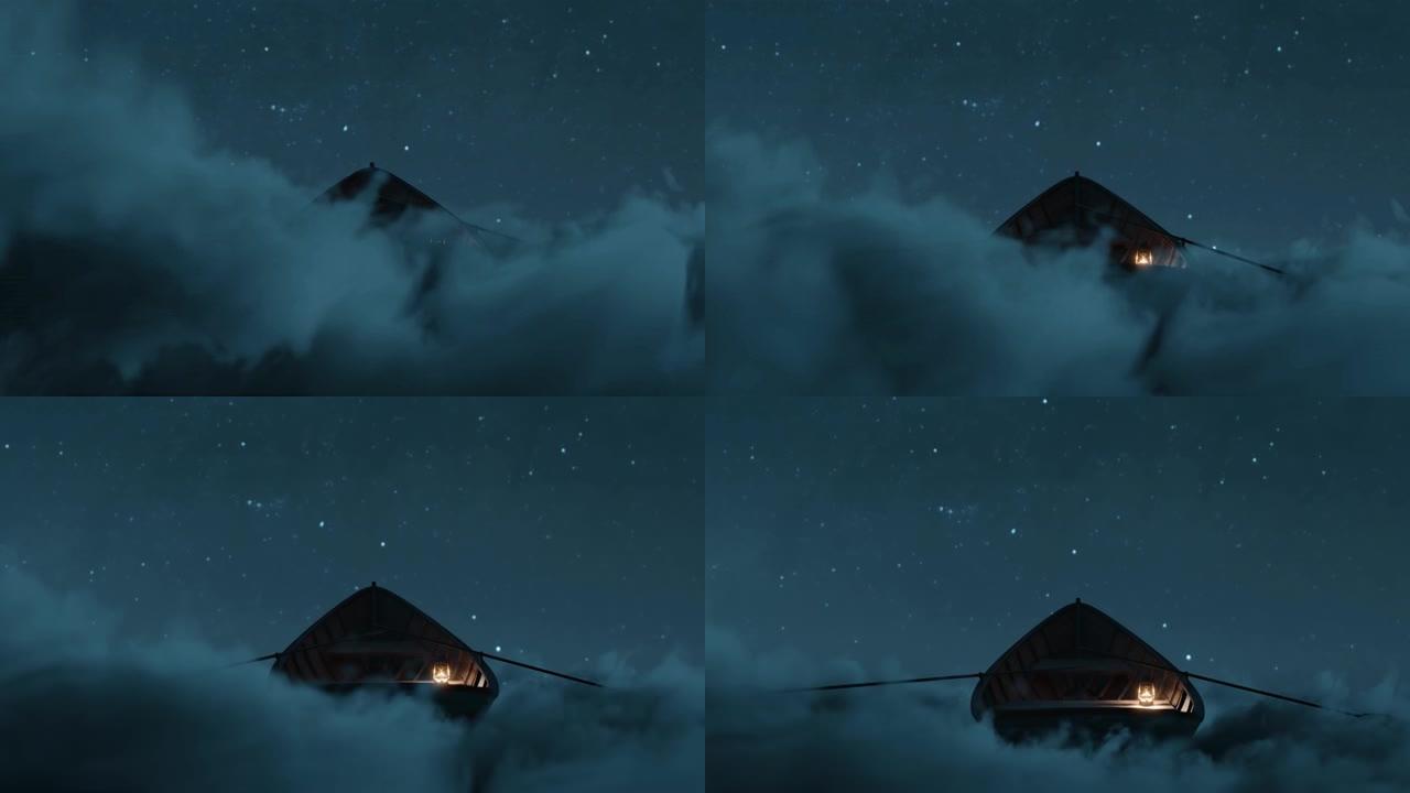 蓬松的夜云上的废弃木船。月光照亮