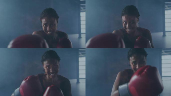 对非裔美国女拳击手在健身房打孔的干扰动画