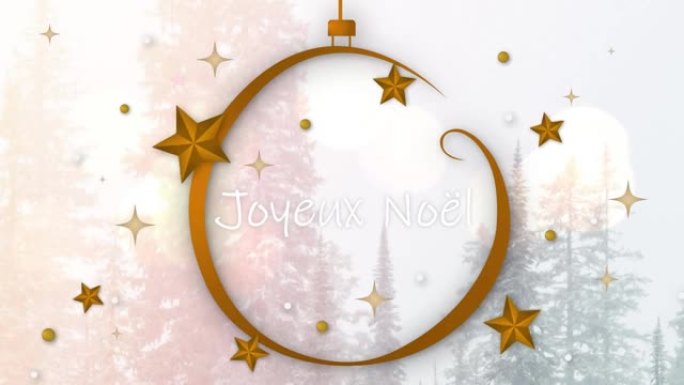 圣诞节季节的动画法语在星星上的问候和杉树上的装饰品