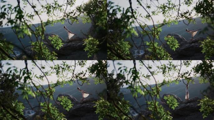 一位身穿白色长裙的年轻女子站在悬崖上，摆出瑜伽姿势