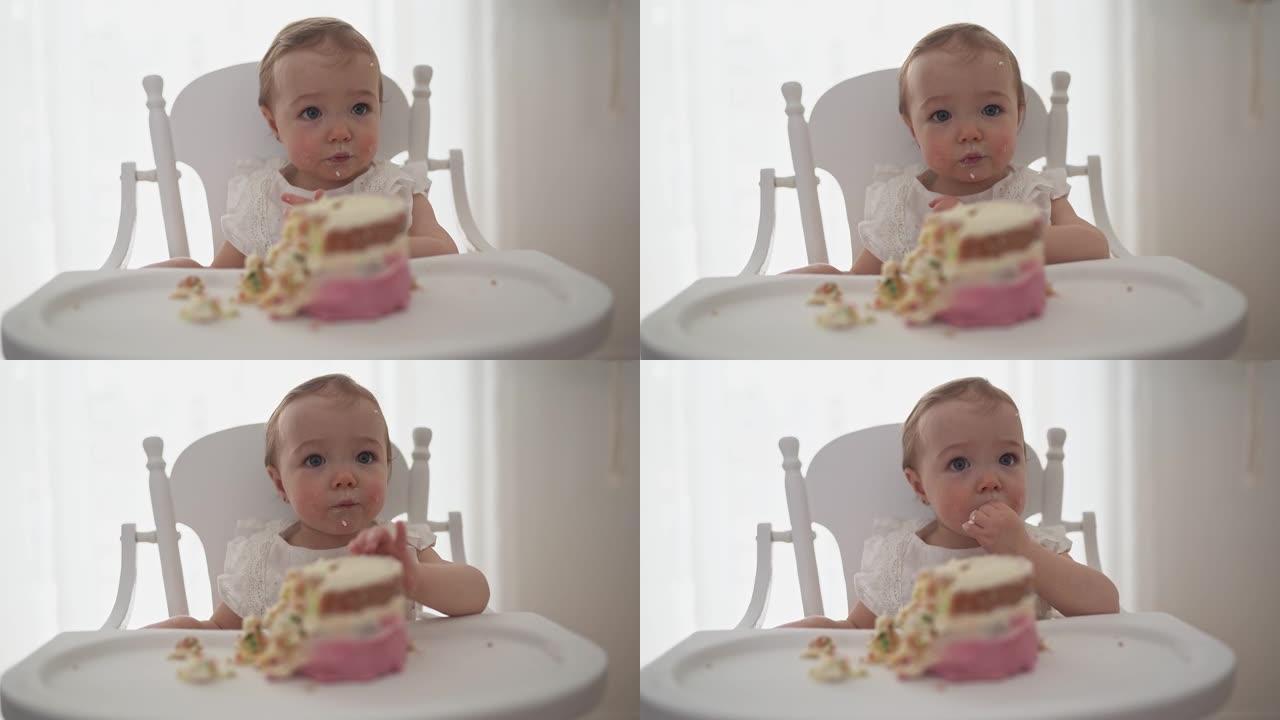 女婴的第一个生日蛋糕坐在椅子上