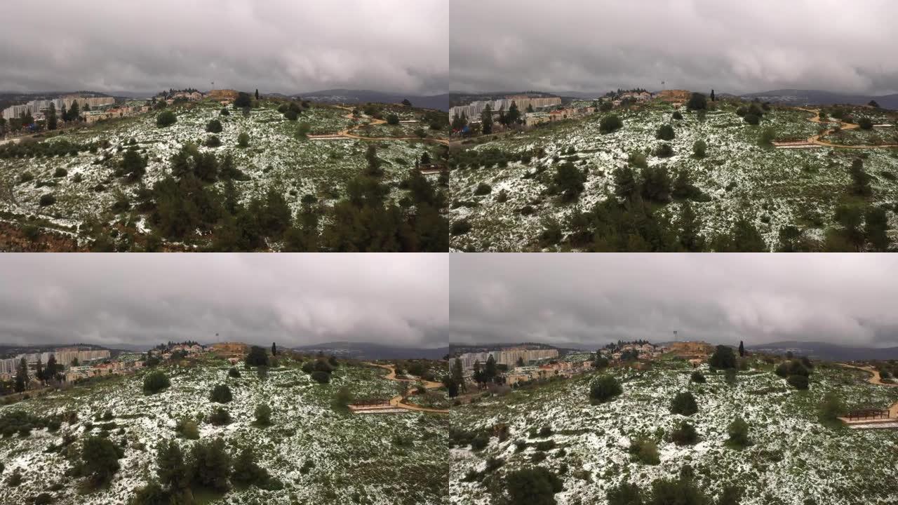 雪地里的卡斯特尔国家公园，以色列鸟瞰图