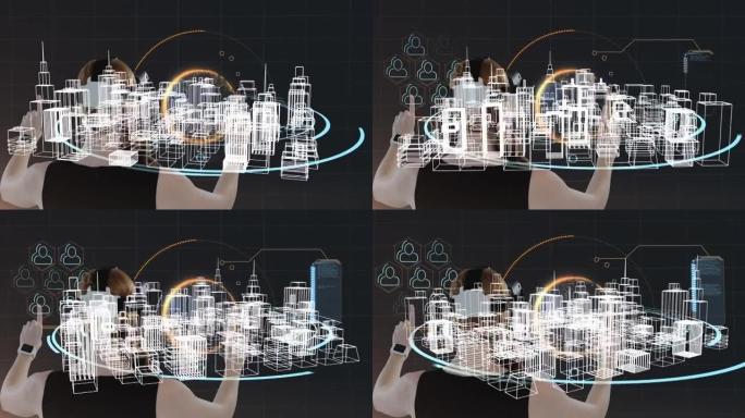 戴着虚拟现实耳机的女人身上的图标连接网络动画漫游3d城市景观