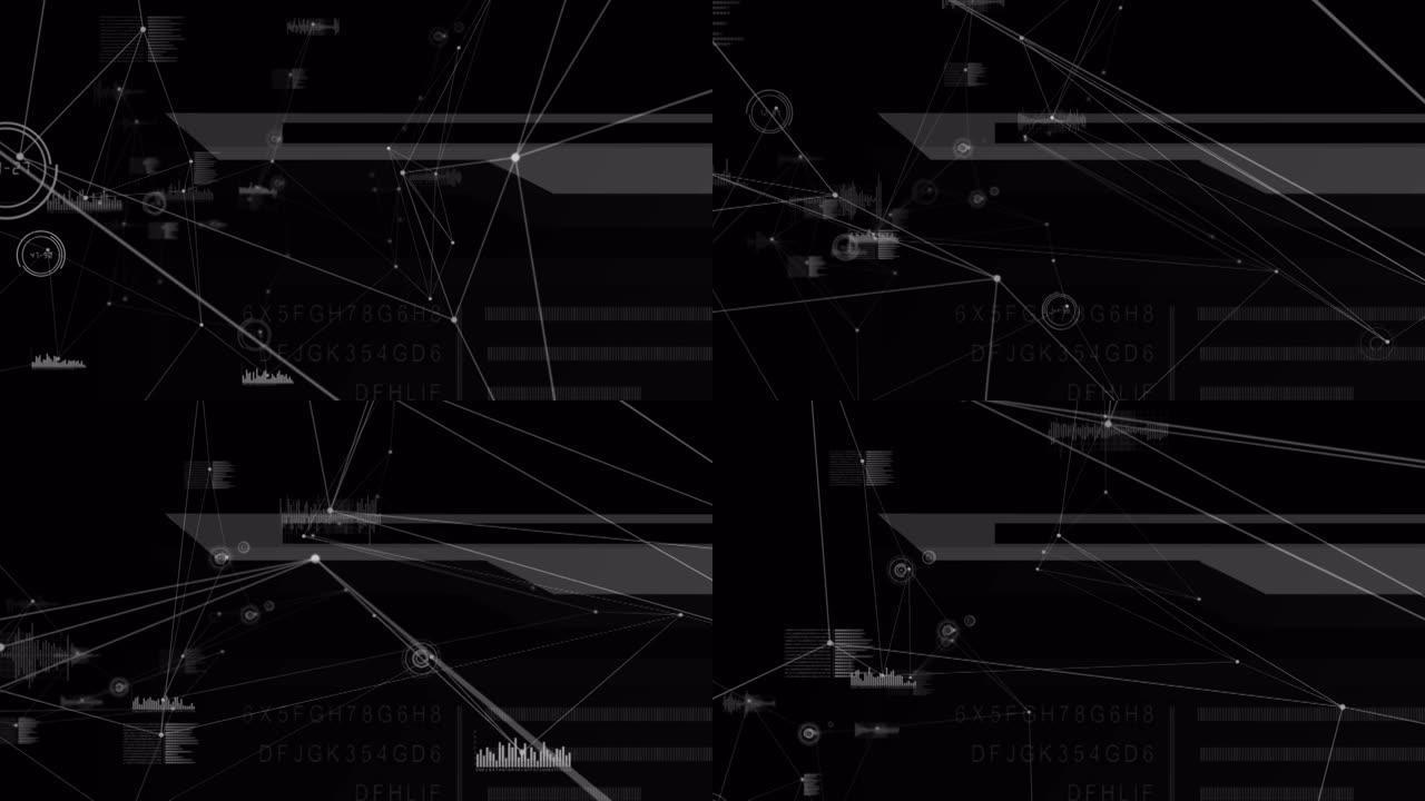 黑色背景上的网络连接和数据处理动画