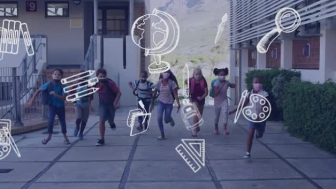 学校物品图标在戴着口罩跑步的学童身上的动画