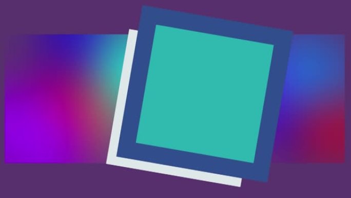紫色背景上的蓝色正方形和框架在散焦的蓝色和红色抽象形状上的动画