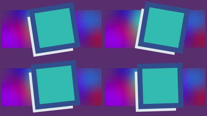 紫色背景上的蓝色正方形和框架在散焦的蓝色和红色抽象形状上的动画
