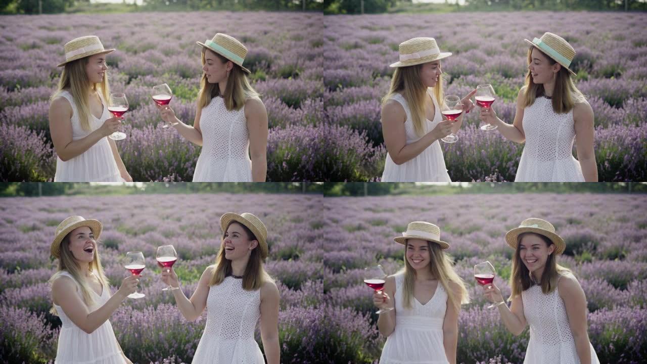 两个高加索女孩，双胞胎，站在薰衣草的田地上，拿着两杯红酒，面面相视，面带微笑。大自然中的野餐概念。