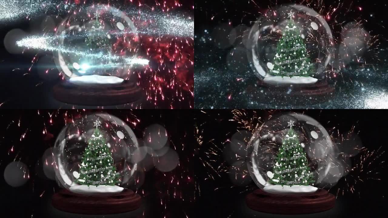在雪球中围绕圣诞树的流星，在黑色背景上爆炸。