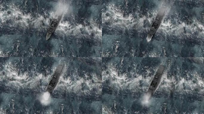 海军舰船舰船在暴风雨的海洋与喷气机鸟瞰图
